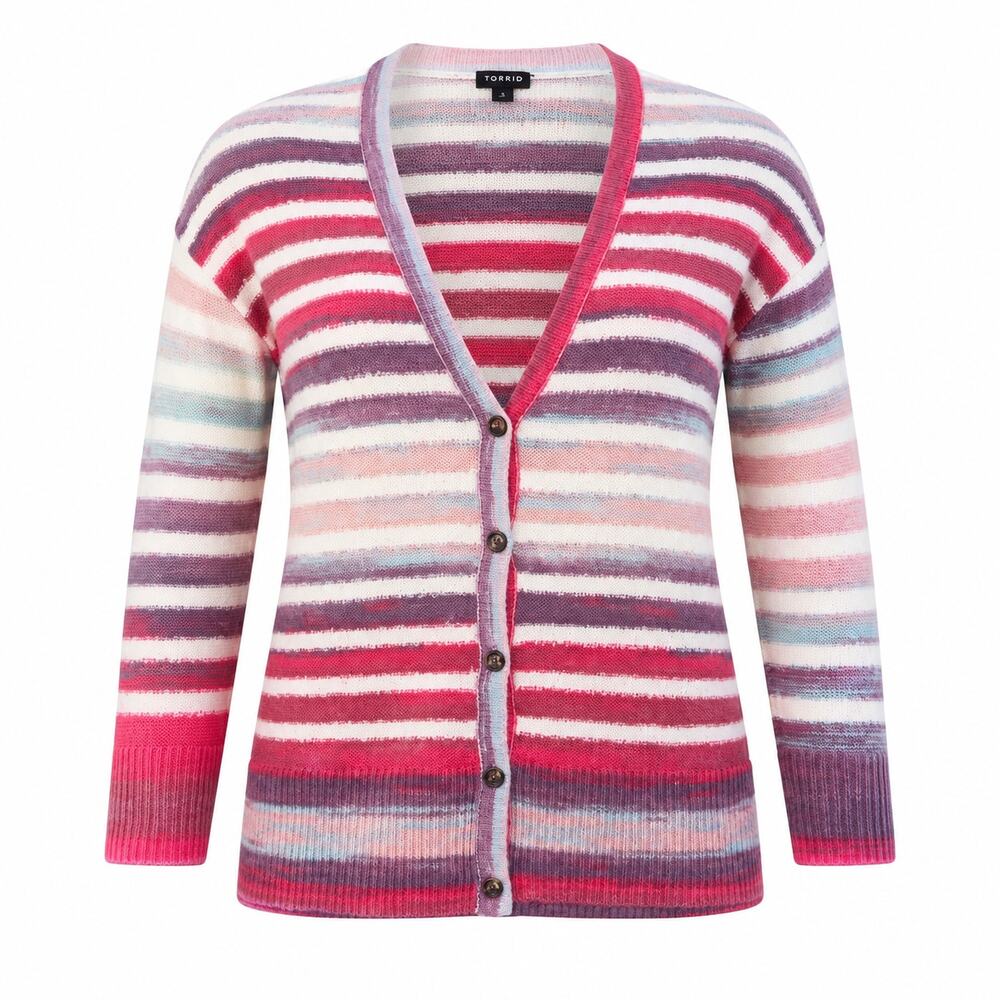 Torrid Large Colorful Striped Cardigan Sweater Pink Purple Button Front Cozy